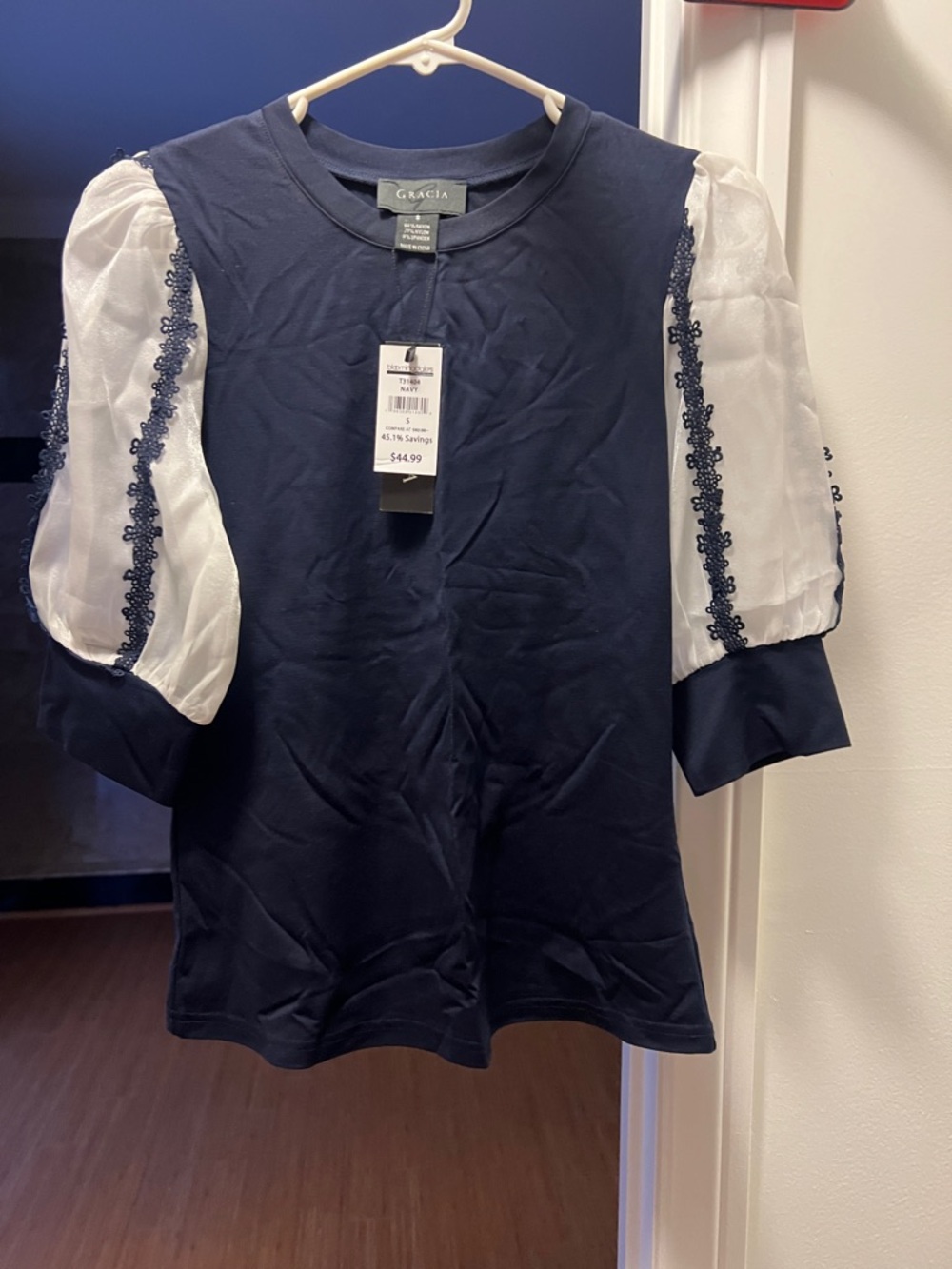 Gracia Navy Top with White Puff Sheer Sleeves